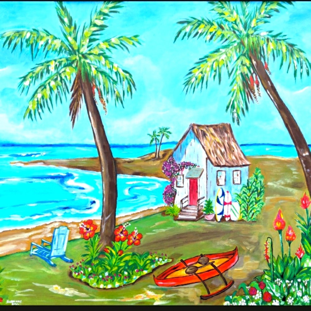 Original Art Print 8x12 Hawaiian Art "Surf Shack" Matted Ready To Frame